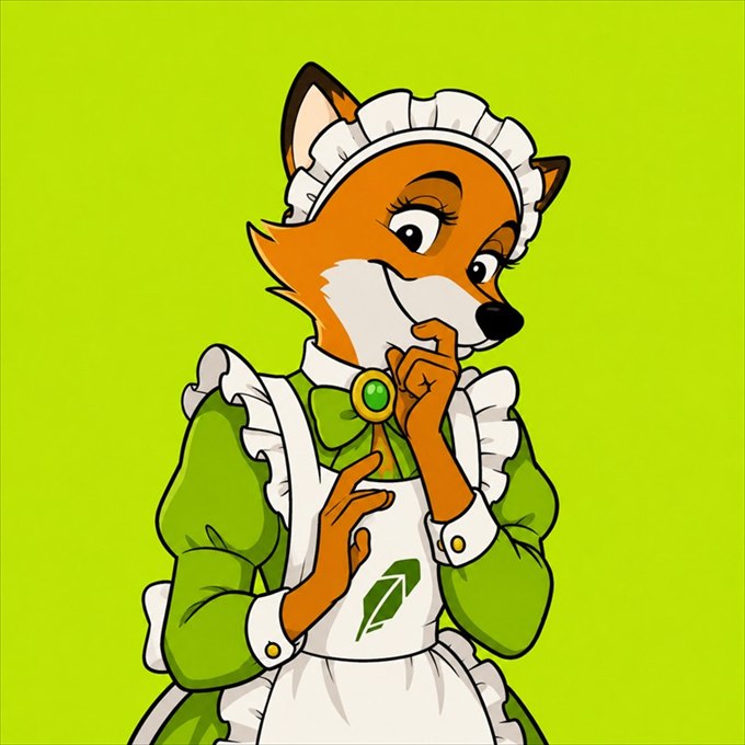 Marian the fox in a green dress and white apron, one finger raised to her chin